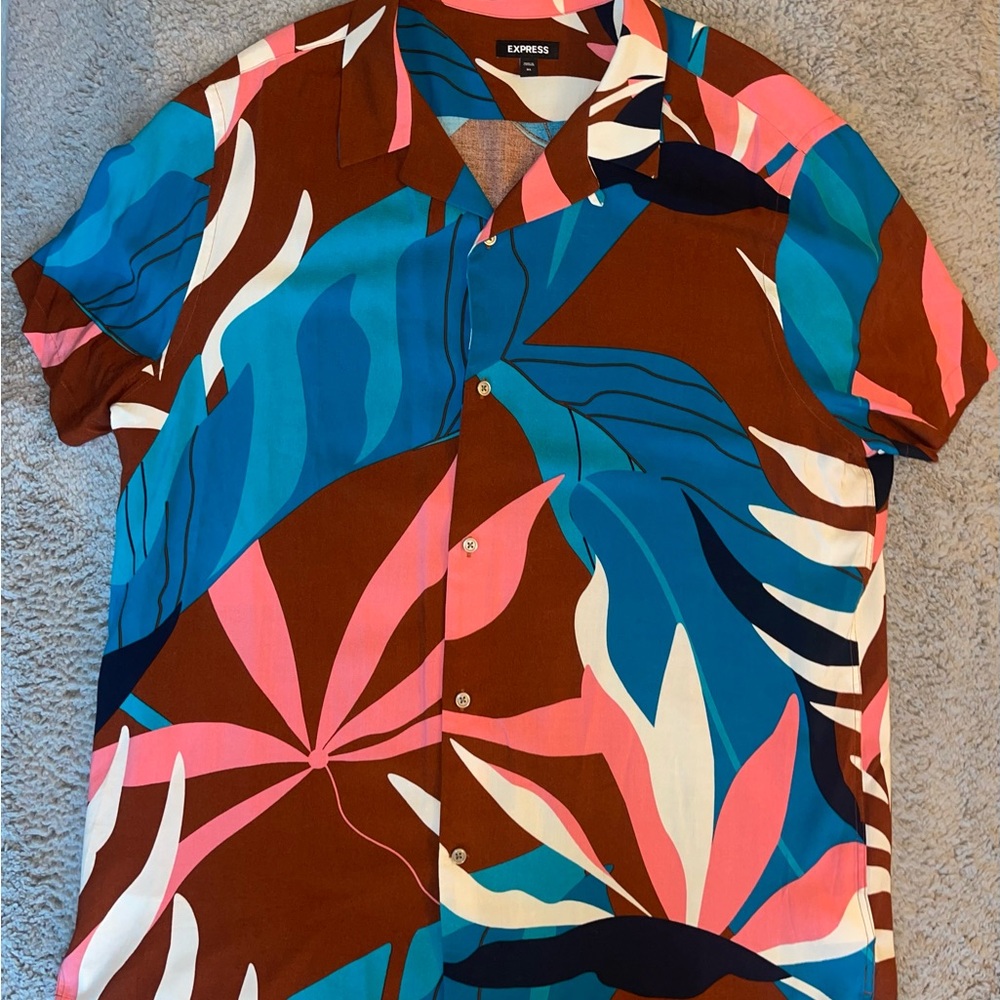 Express Men's Tropical Leaf Shirt - Blue, Pink, Brown